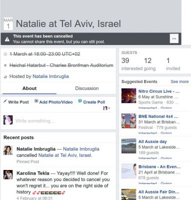 Natalie Imbruglia cancels Israel