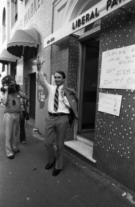 John Moore salutes an Aboriginal Land Rights march after Whitlam is sacked